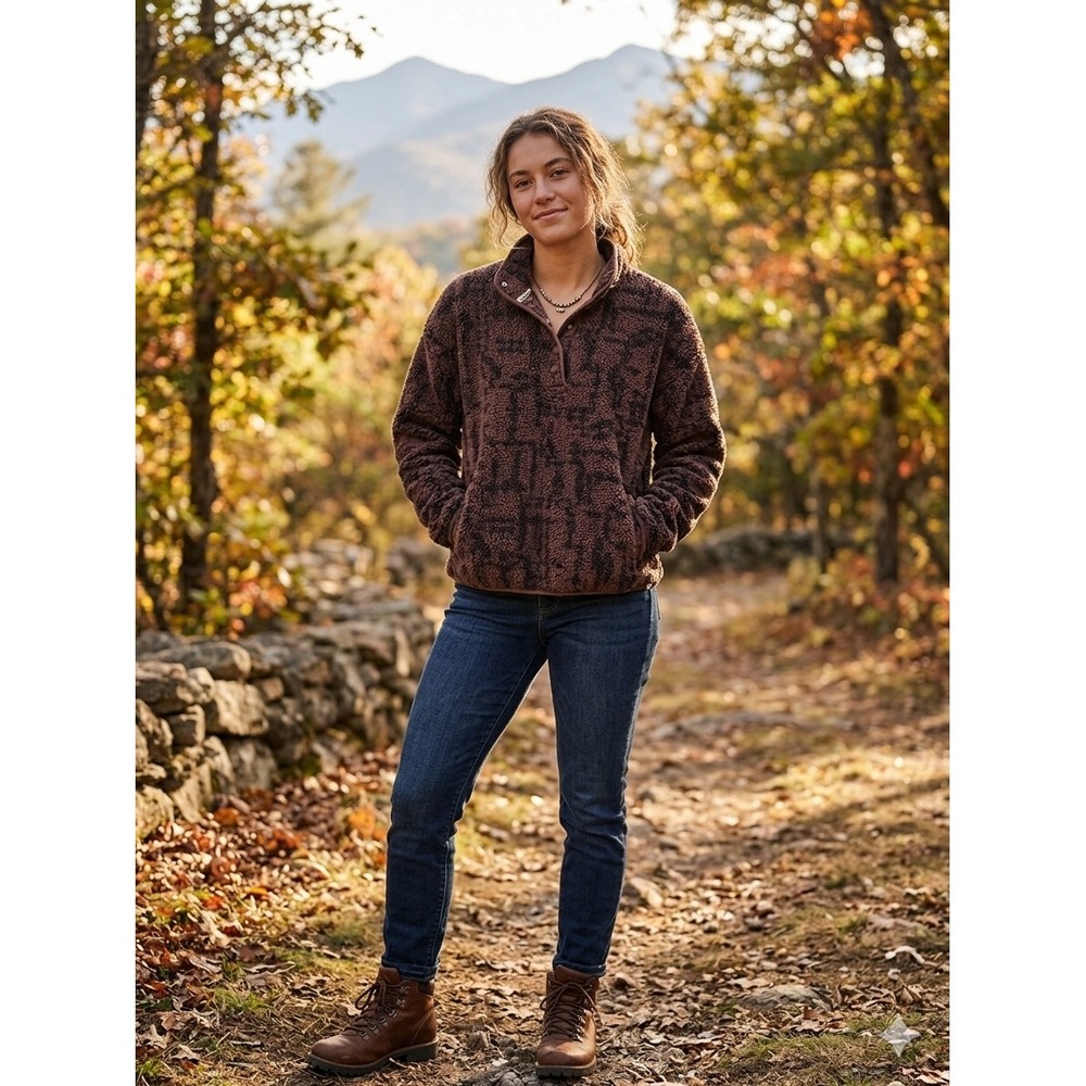 Marika Brown Southwestern Sherpa Fleece Snap Mock Neck Pullover Large